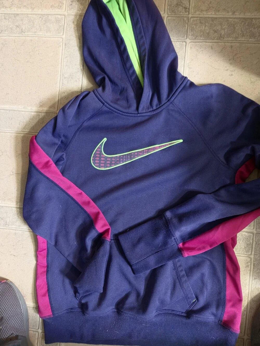 Nike Navy Hoodie with Pink Accents and Neon Green Swoosh